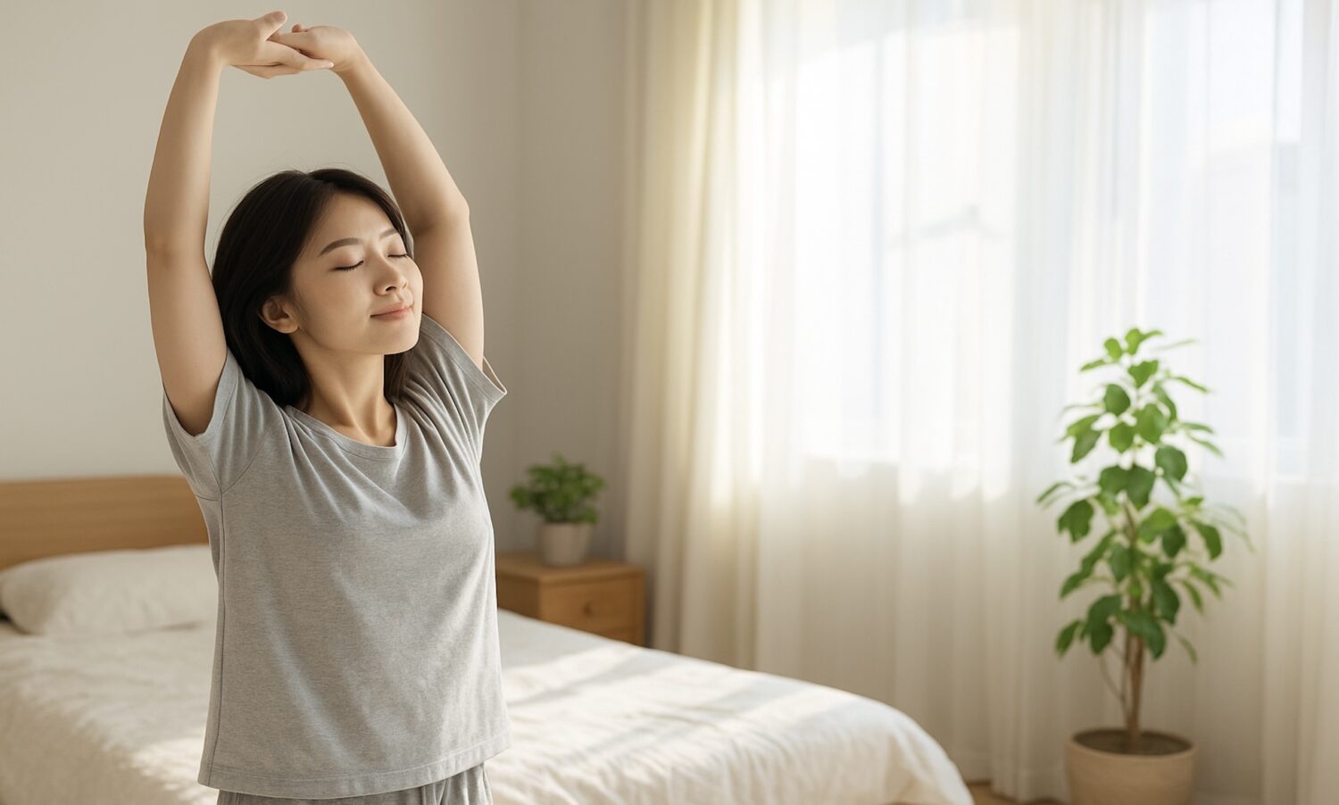 ベッドで背伸びをする女性