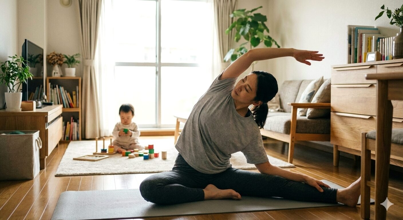 赤ちゃんのいる部屋でストレッチをする女性